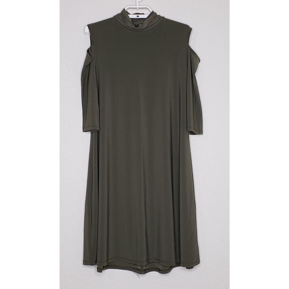 Clara‎ Sun Woo Swing Dress XS Green 3/4 Cold Shoulder Mock Neck Knee Length